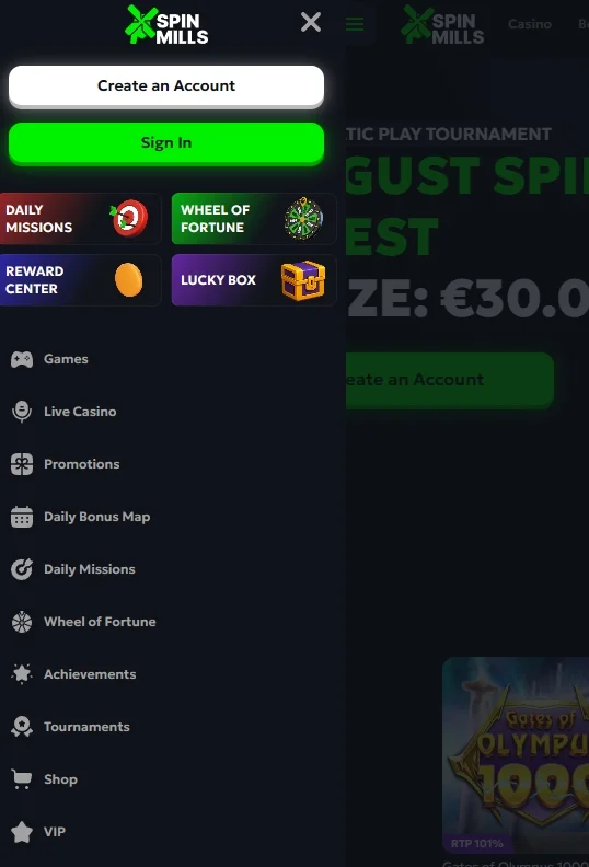 Hoofdmenu van de website van Spin Mills Casino